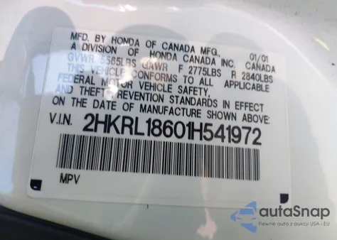2001 Honda Odyssey Ex z USA, uszkodzony, nr VIN 2HKRL18601H541972